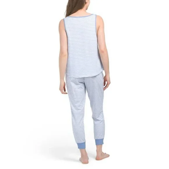 Splendid Womens Blue Striped Split Neck Tank Top Joggers Pajama Sets Sz L NWT